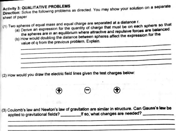 paper (1) Two spheres of equal mass and equal charge are separated