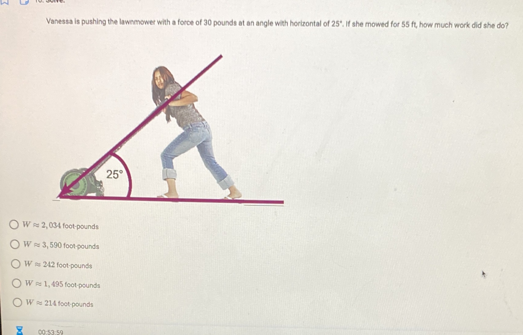  Vanessa is pushing the lawnmower with a force of 30 pounds