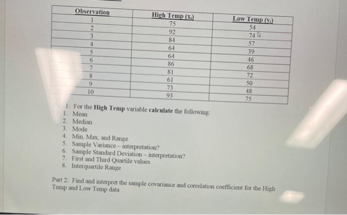  Observation High Temp (1) Low Temp (v) 75 54 92 74