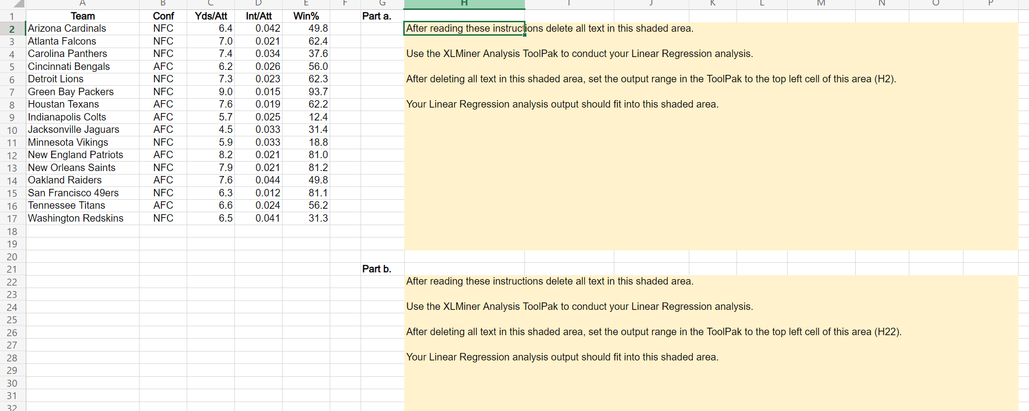 percentage of games won by a team, the data in the Excel