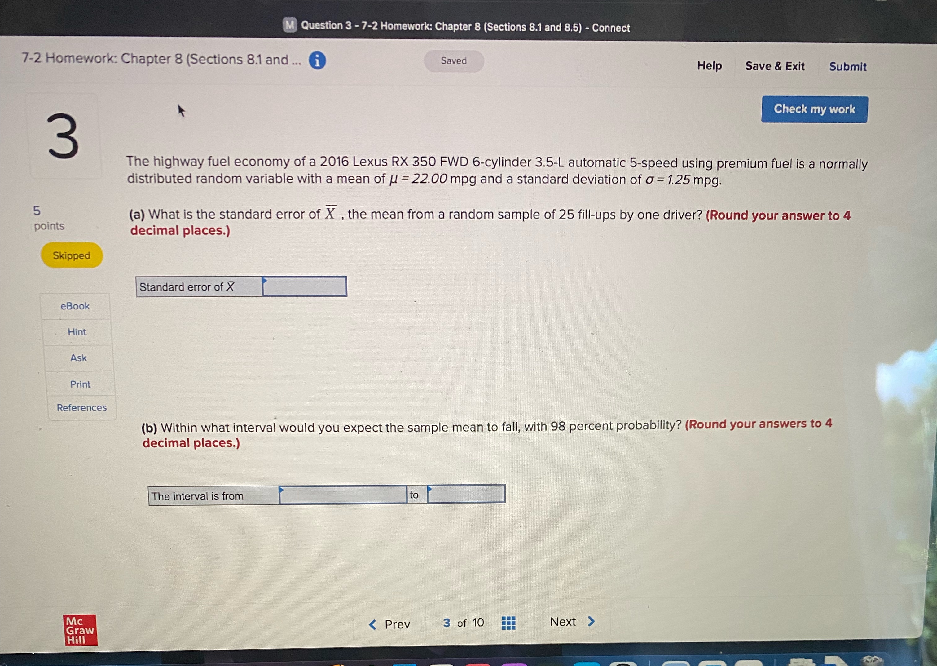 M Question 3 - 7-2 Homework: Chapter 8 (Sections 8.1 and