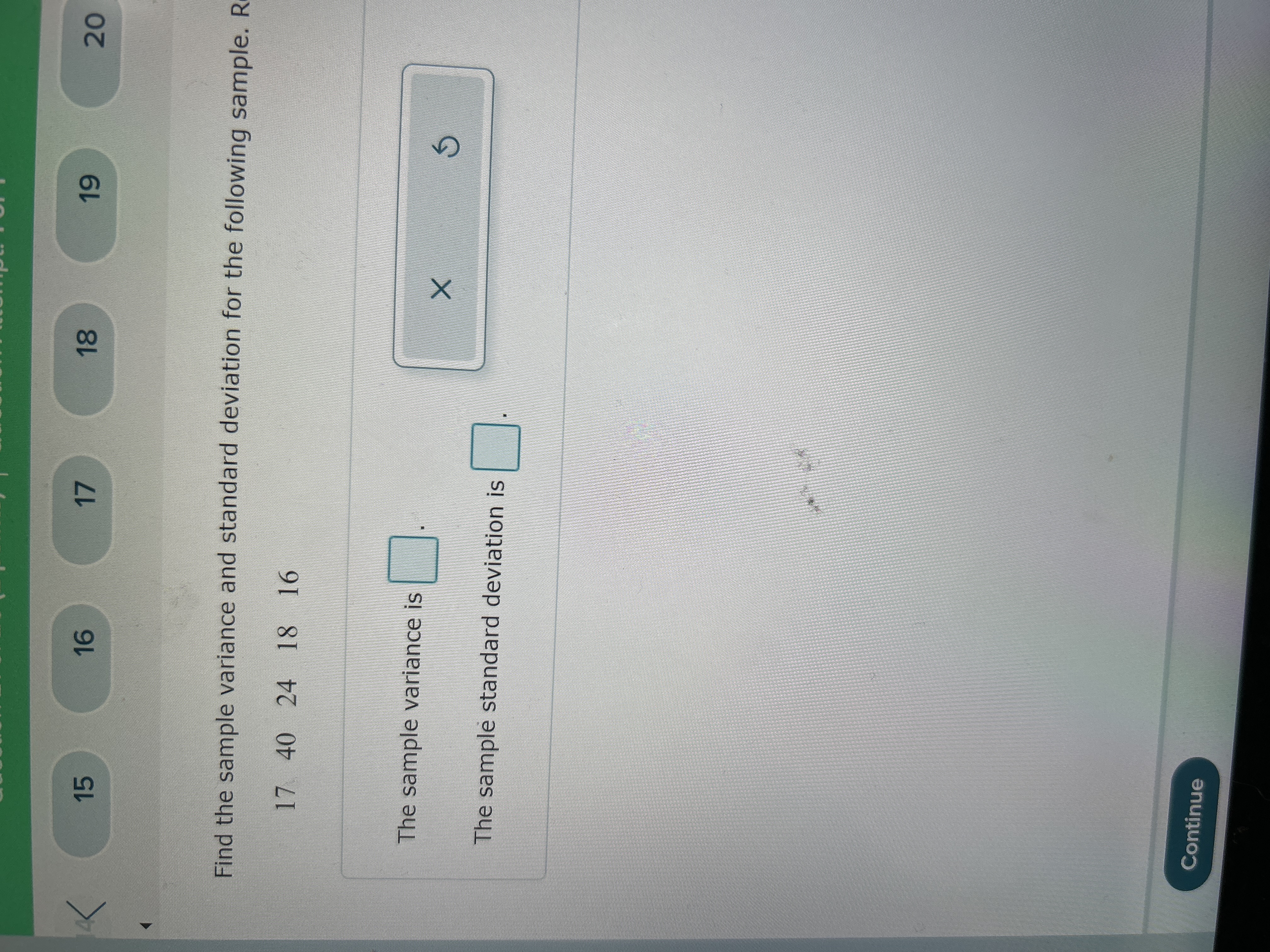 years. Statistic Parameter X Continue15 16 17 18 19 20 2 Compute