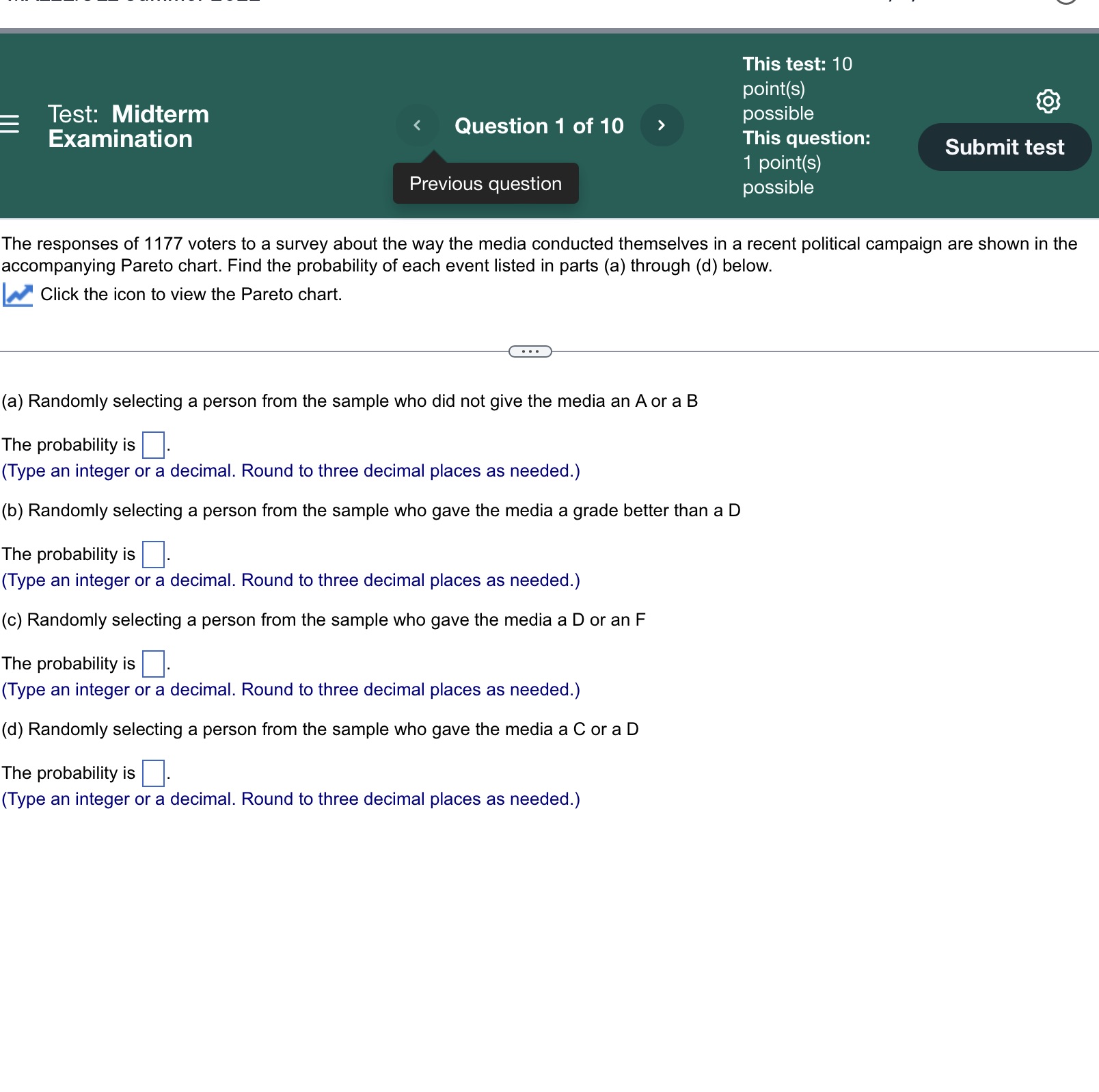  This test: 10 point(s) @ possible This question: Submit test 1