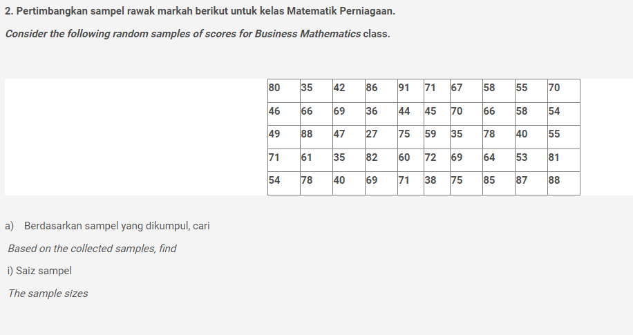 2. Pertimbangkan sampel rawak markah berikut untuk kelas Matematik Perniagaan. Consider the