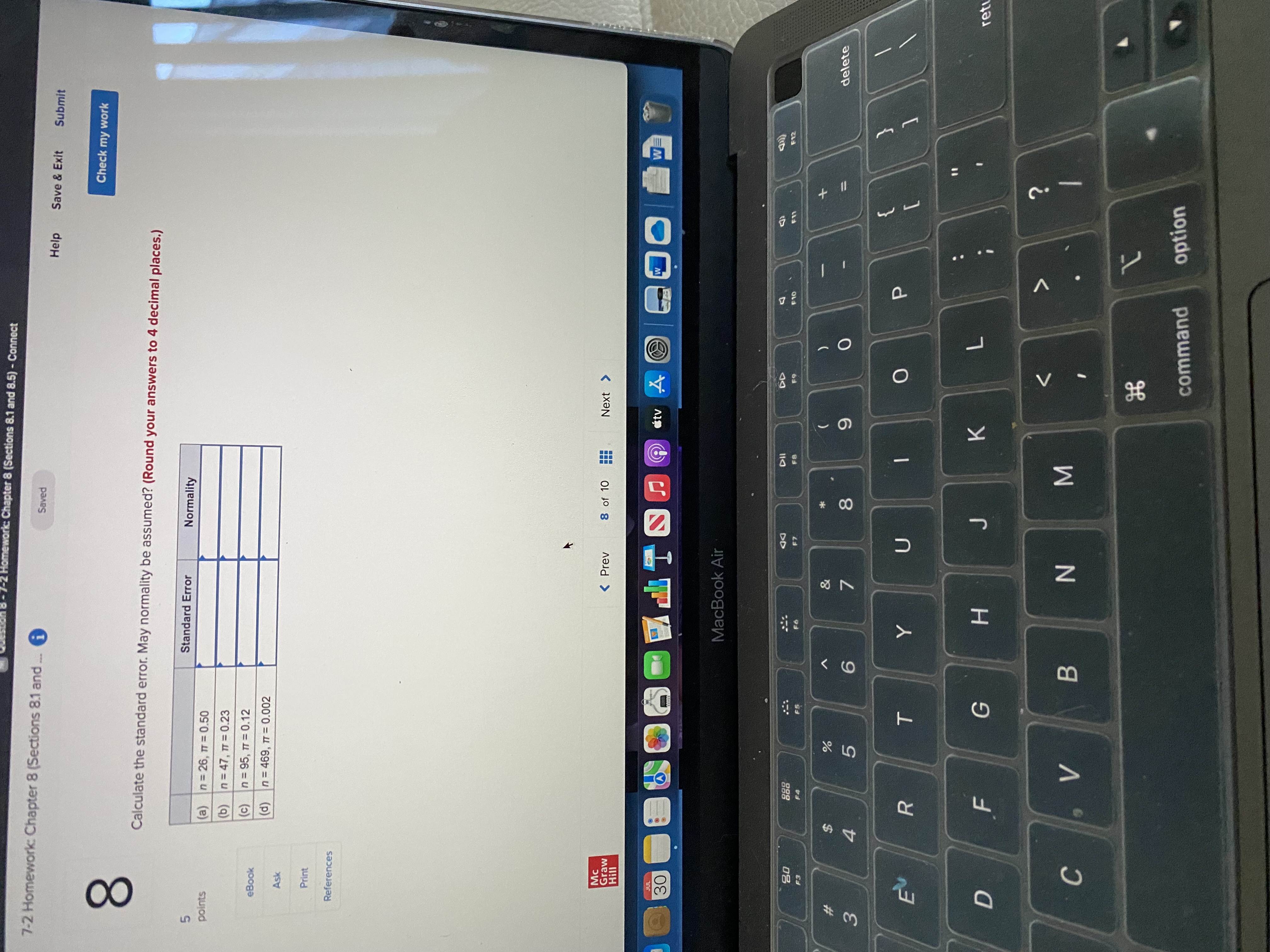  work: Chapter 8 (Sections 8.1 and 8.5) - Connect 7-2 Homework: