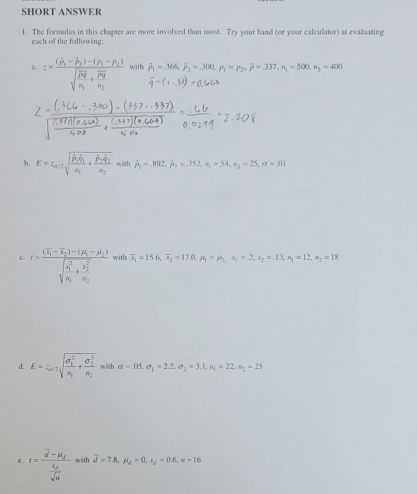 help please SHORT ANSWER 1. The formulas in this chapter are more