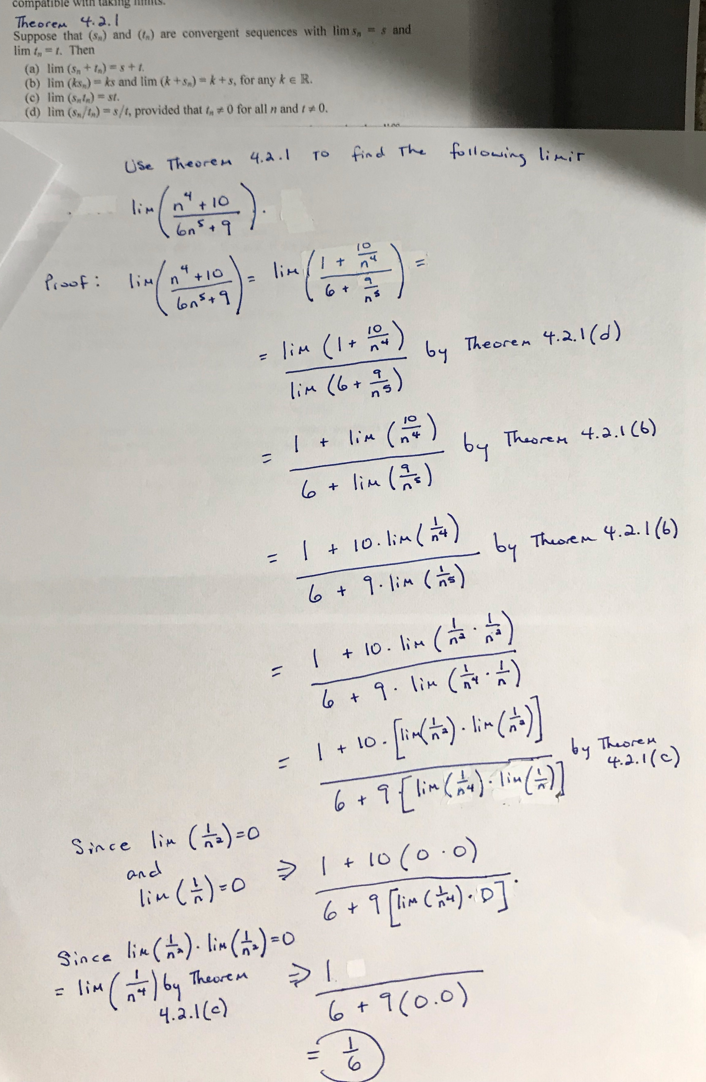 Could someone please check my work comp Theorem 4.2.1 lim ty =