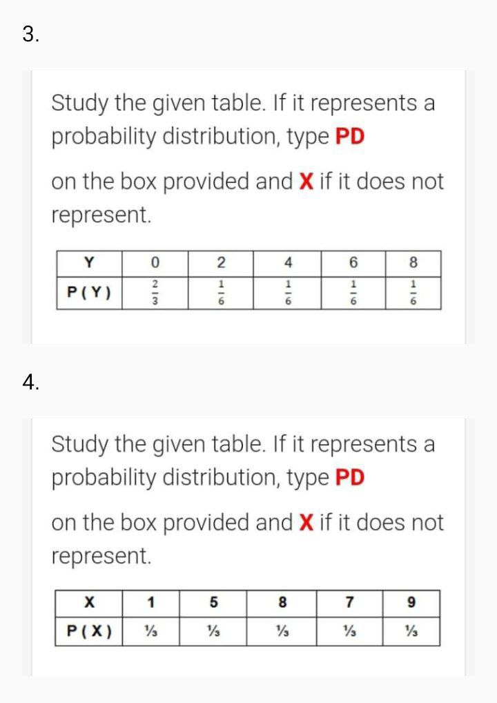 represents a probability distribution, type PD on the box provided and X