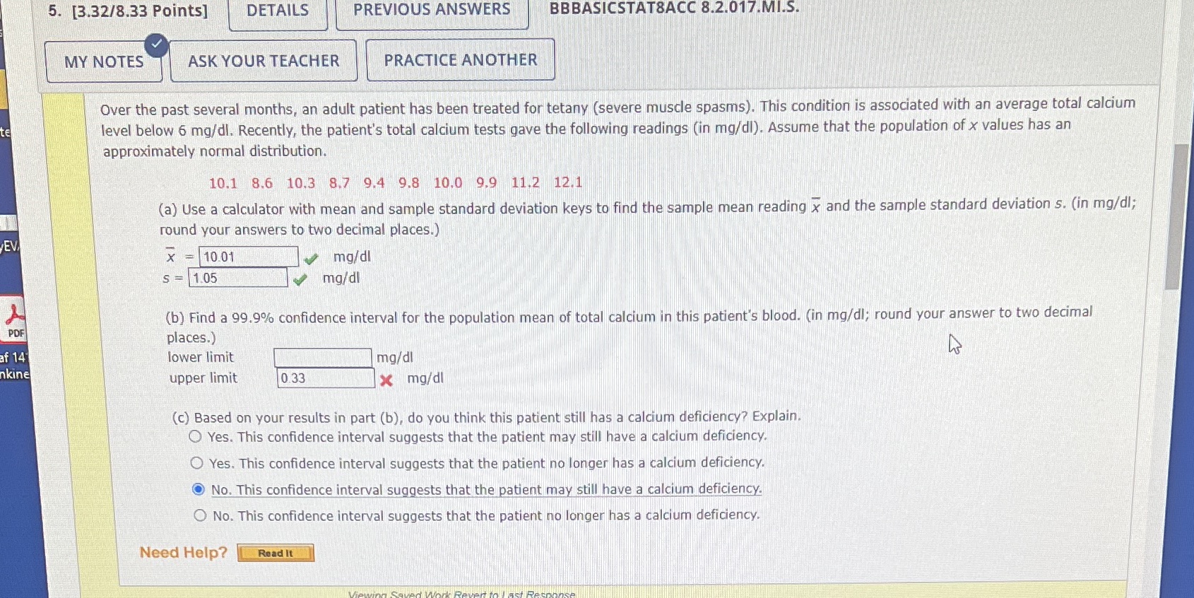  5. [3.32/8.33 Points] DETAILS PREVIOUS ANSWERS BBBASICSTAT8ACC 8.2.017.MI.S. MY NOTES ASK