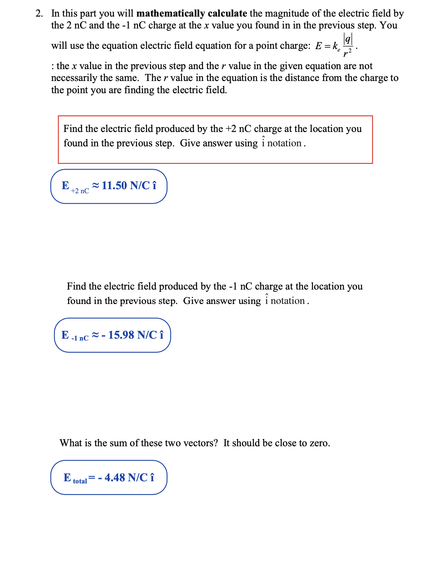 field in units of N/C. Use the x values shown below. Record