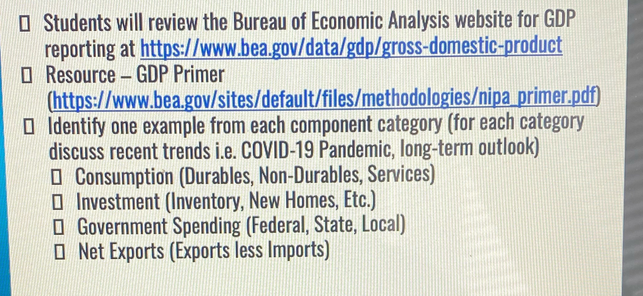 Help! Identify one example for each category and discuss recent trendshttps://www.bea.gov/data/gdp/gross-domestic-producthttps://www.bea.gov/sites/default/files/methodologiesipa_primer.pdf 0