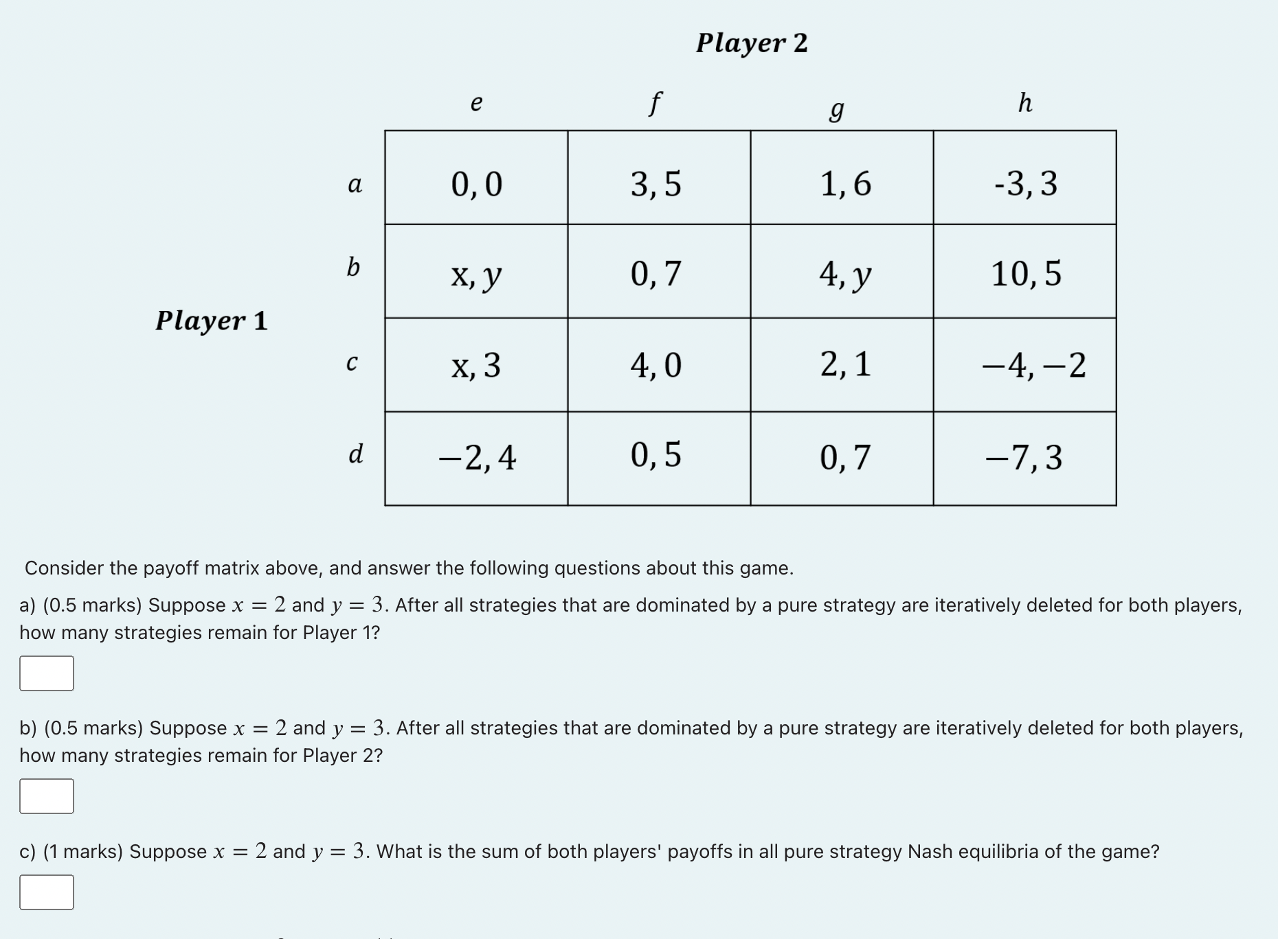  Player 2 Player 1 Consider the payoff matrix above, and answer