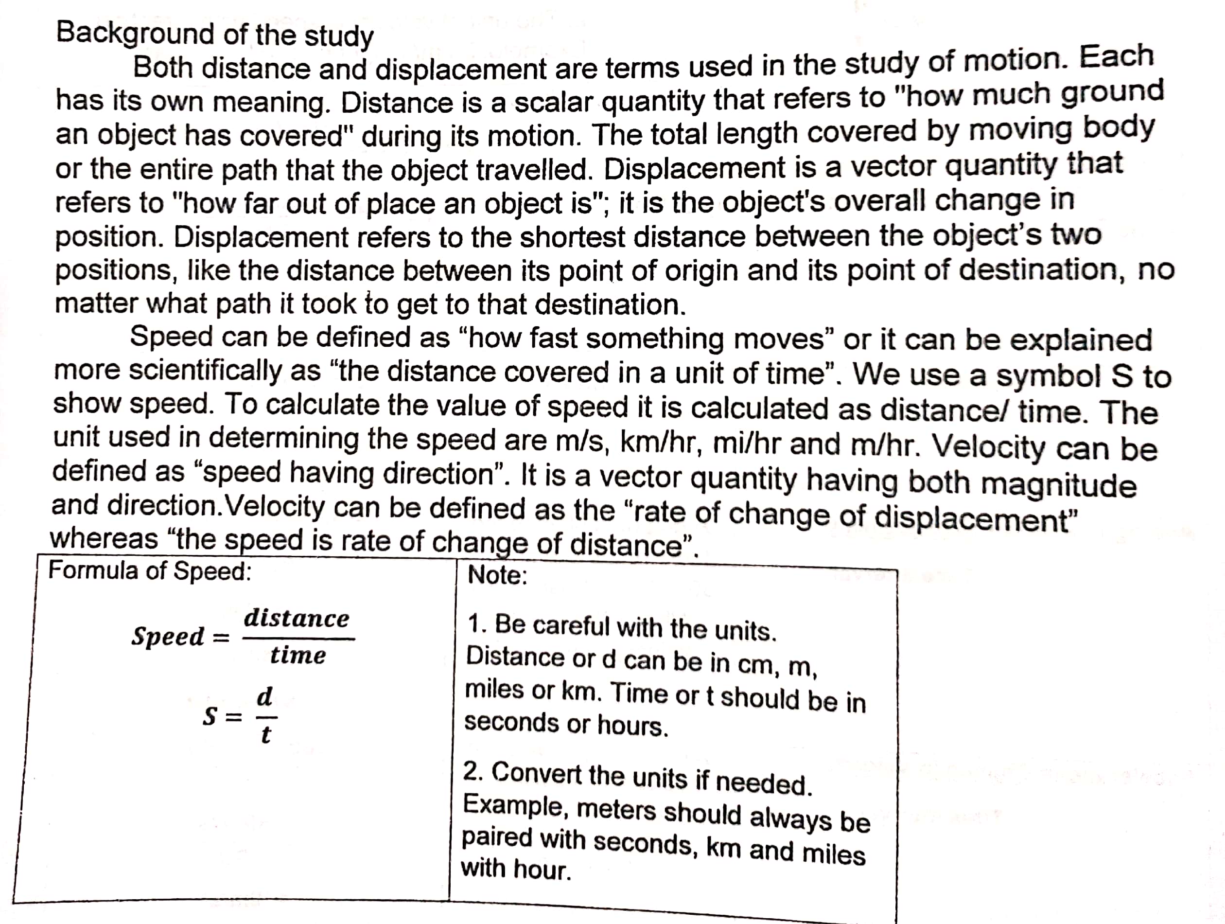Thank you. Background of the study Both distance and displacement are terms