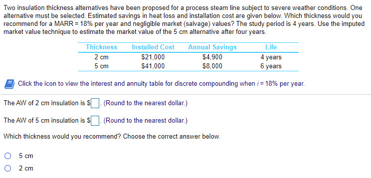 Two insulation thickness alternatives have been proposed for a process steam line