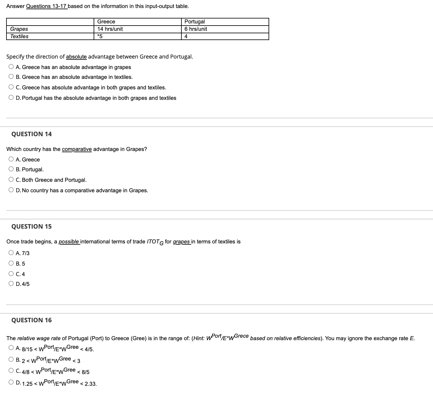 Answer Questions 13-17 based on the information in this input-output table.