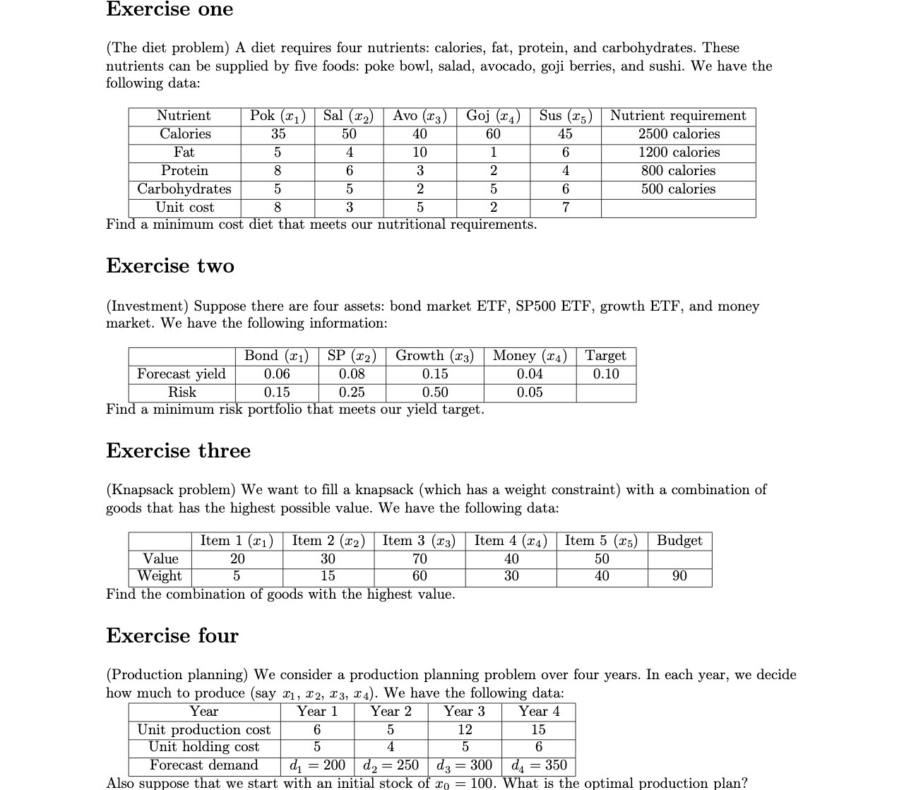 Exercise one (The diet problem) A diet requires four nutrients: calories,