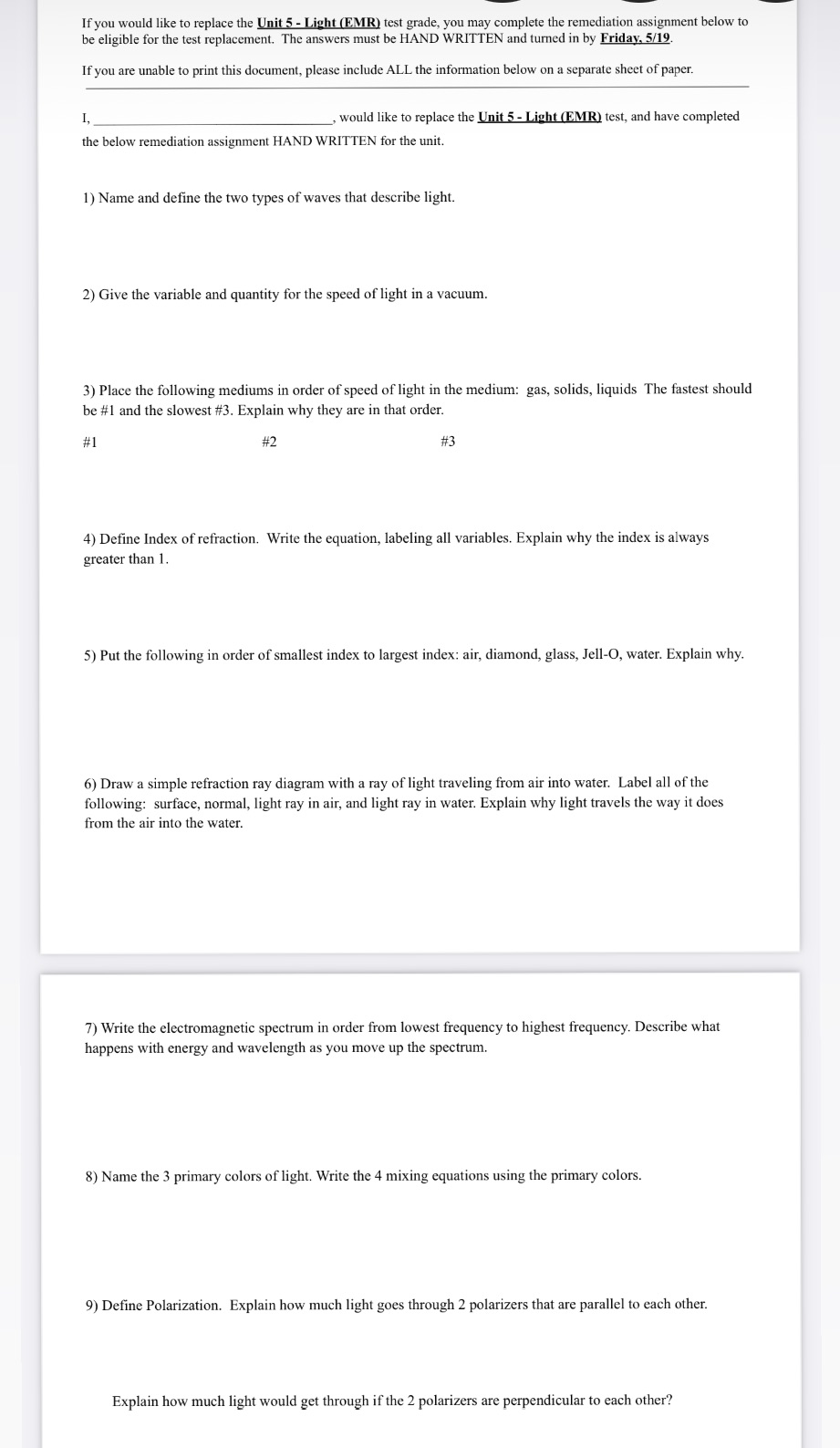  If you would like to replace the Unit 5 - Light