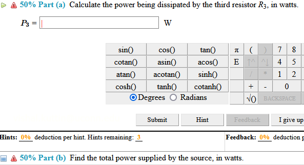 Part (a) Calculate the power being dissipated by the third resistor Rs,