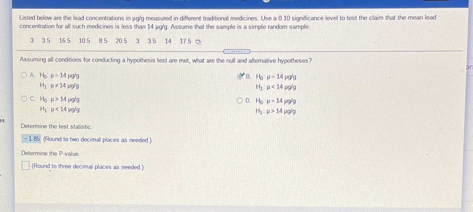 #8 part cDetermine the test P-value Listed below are the lead concentrations