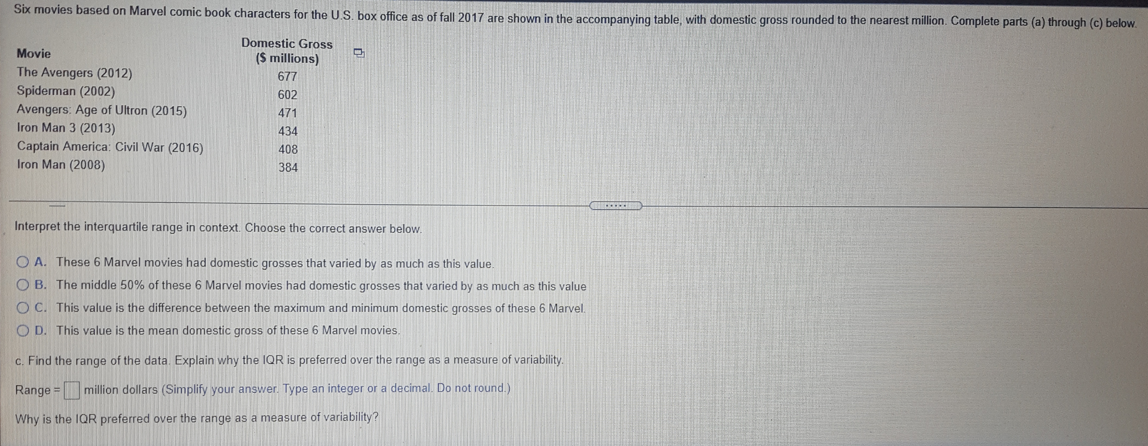 (c) below. Domestic Gross Movie ($ millions) The Avengers (2012) 577 Spiderman