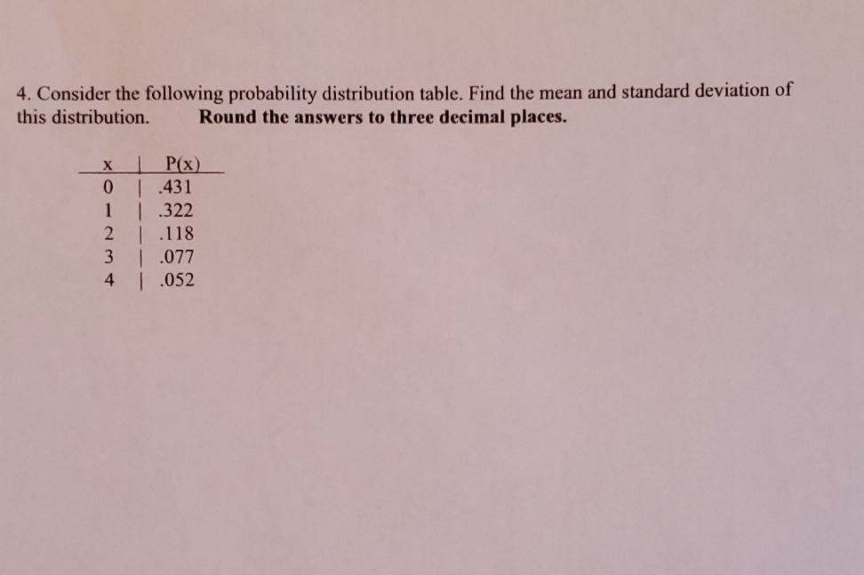 show all work 4. Consider the following probability distribution table. Find the