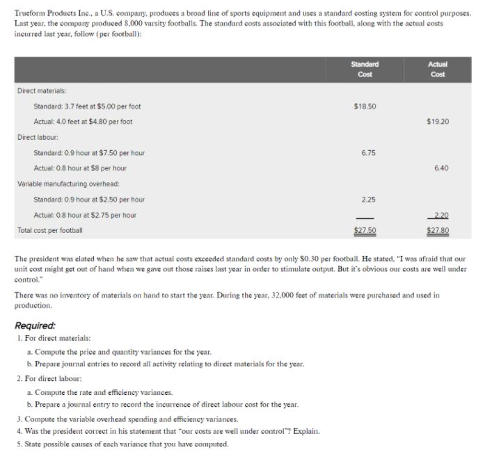 Help me with below please Trueform Products Inc., a U.S. company, produces