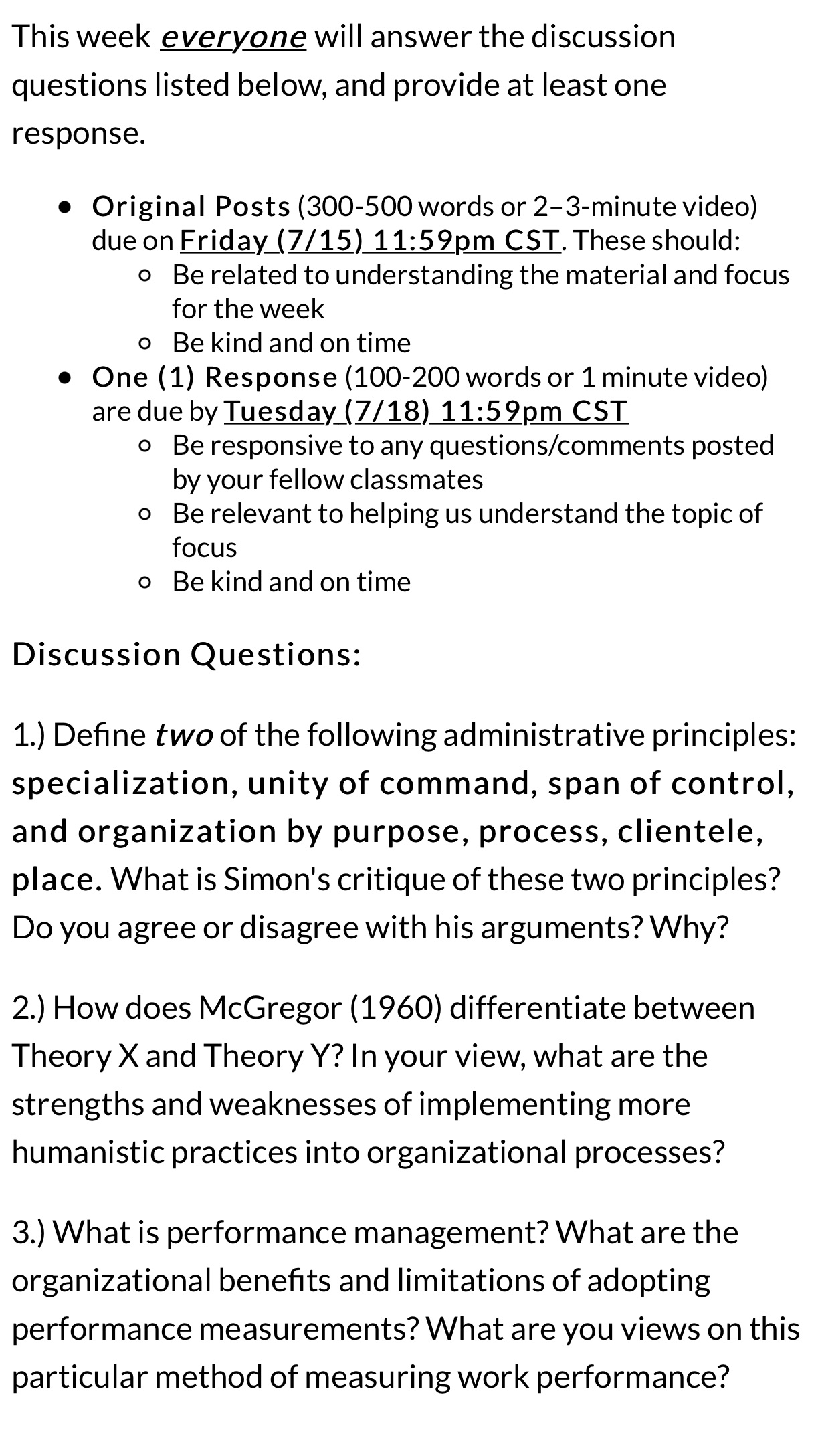  This week everyone will answer the discussion questions listed below, and