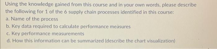 words, please describe the following for 1 of the 6 supply chain