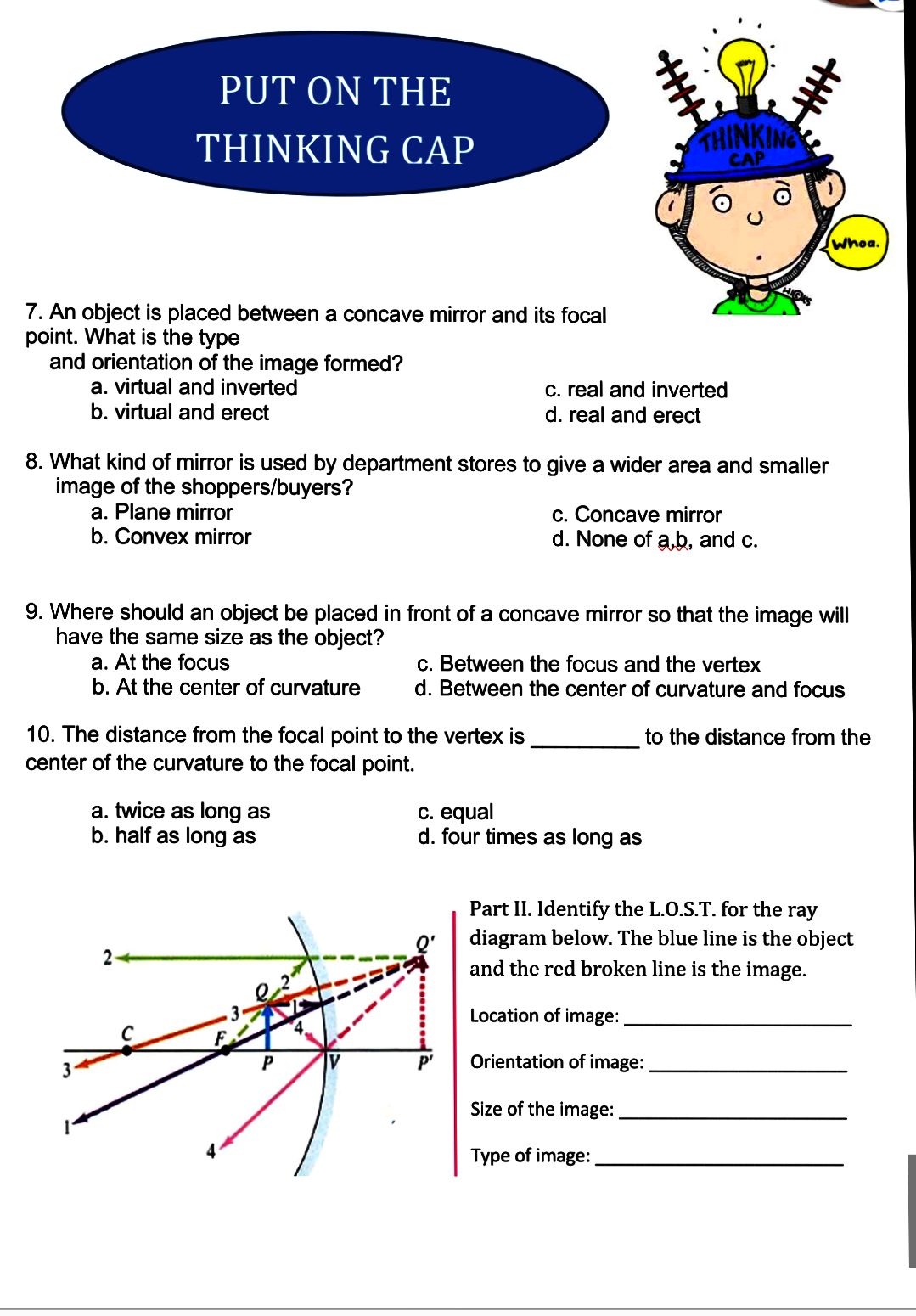 axis, strikes the mirror's surface. The reflected ray a. passes through the