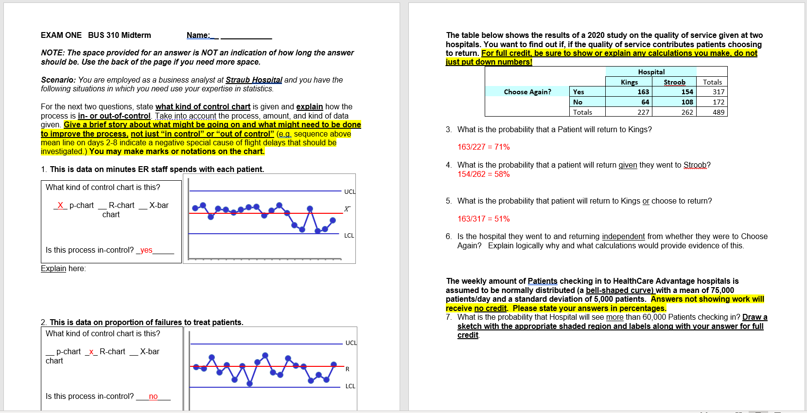 EXAM ONE BUS 310 Midterm Name: The table below shows the