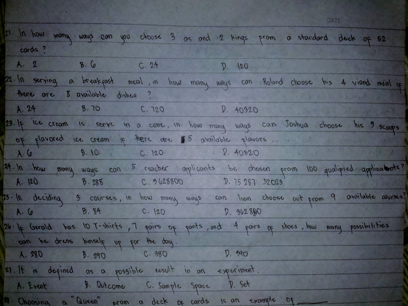 Subject: Probability and Statistics*** DATE In how many ways can you choose