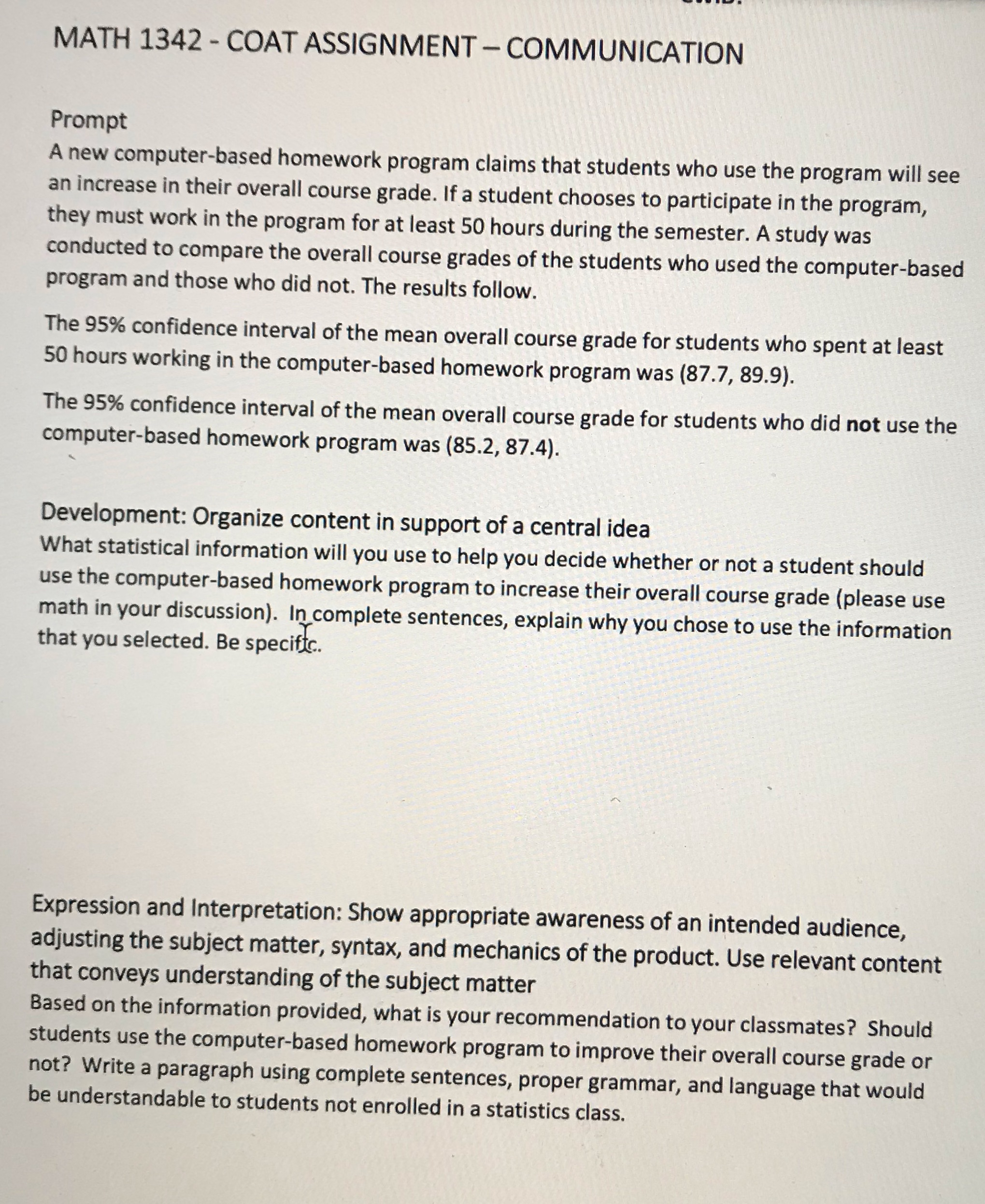  MATH 1342 - COAT ASSIGNMENT - COMMUNICATION Prompt A new computer-based