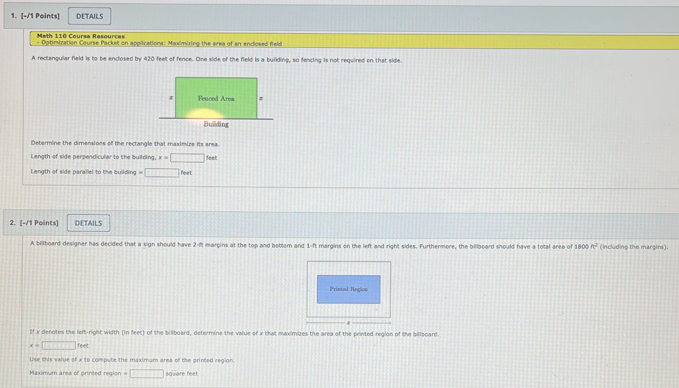 1. [-/1 Points] DETAILS Math 110 Course Resources - Optimization Course