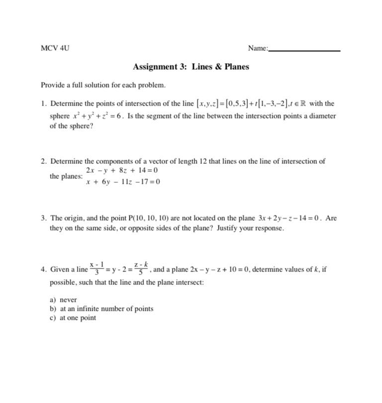 Grade 12 solutions please MCV 4U Name: Assignment 3: Lines & Planes