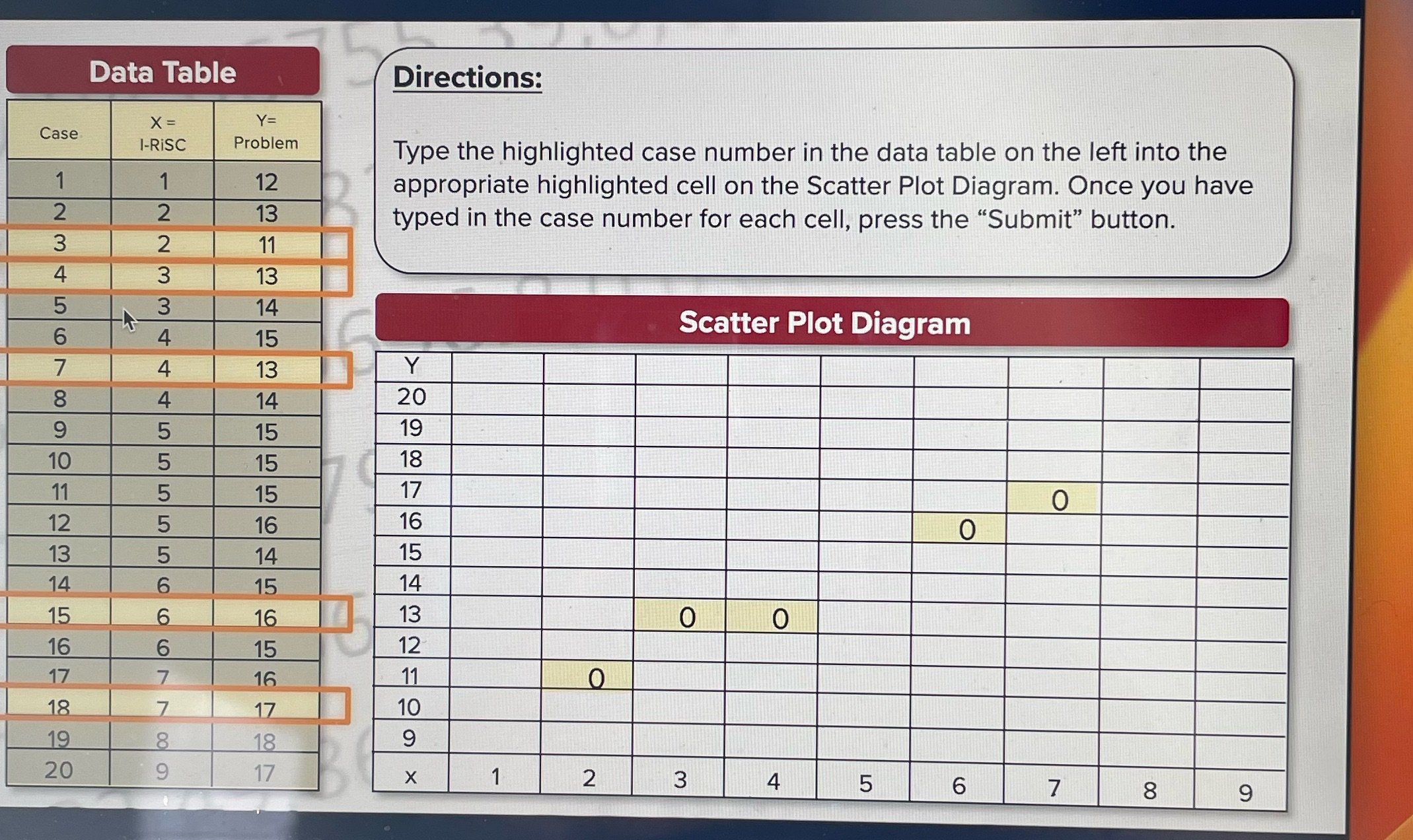 Type the highlighted case number in the data table on the left
