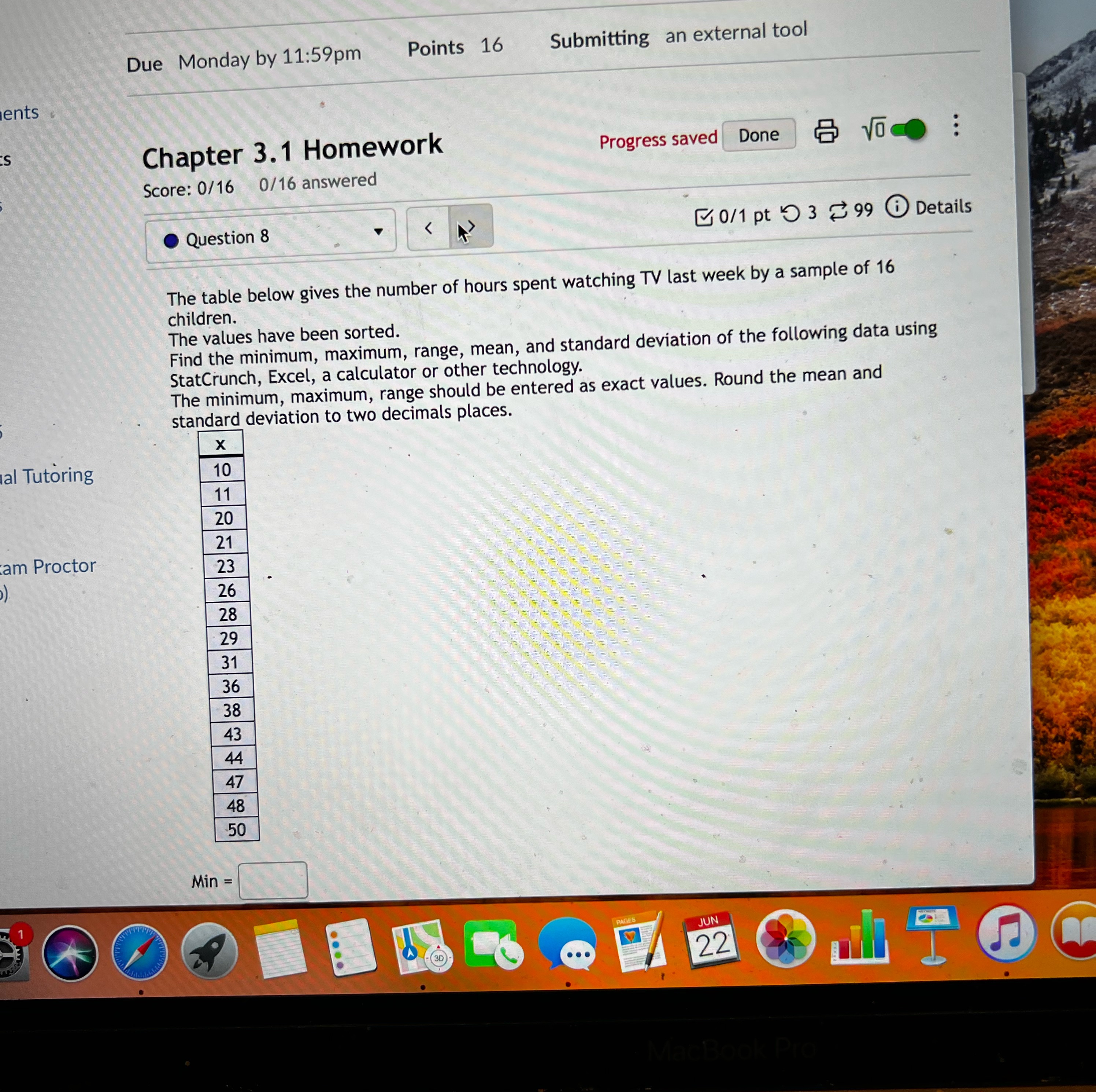  Submitting an external toot Chapter 3.1 Homework 'Score: 0/16 0/16 answered