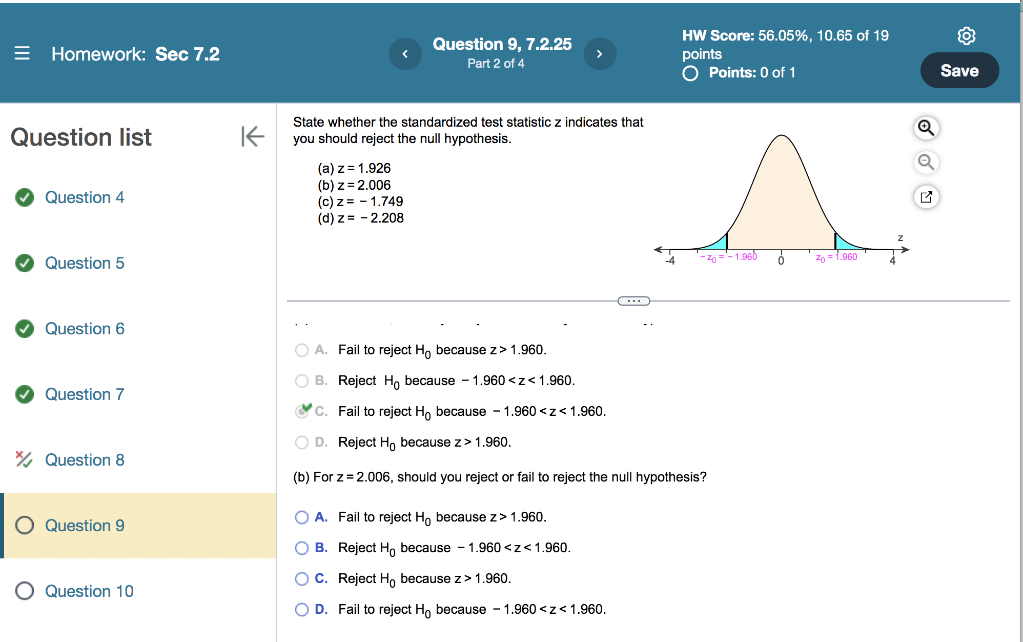 value(s) is/are z = - 1.75, 1.75 (Round to two decimal places