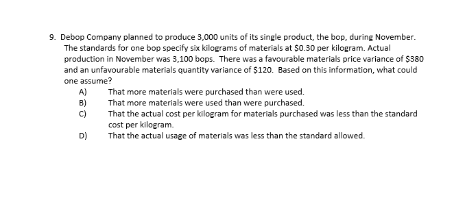 the following data concerning its most recent month of operations: Selling price