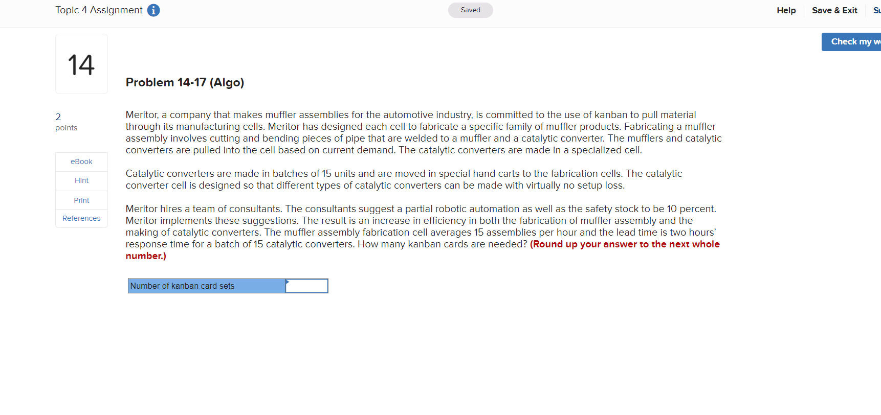  Topic 4 Assignment 0 Saved 14 2 points eBoak Hm Print