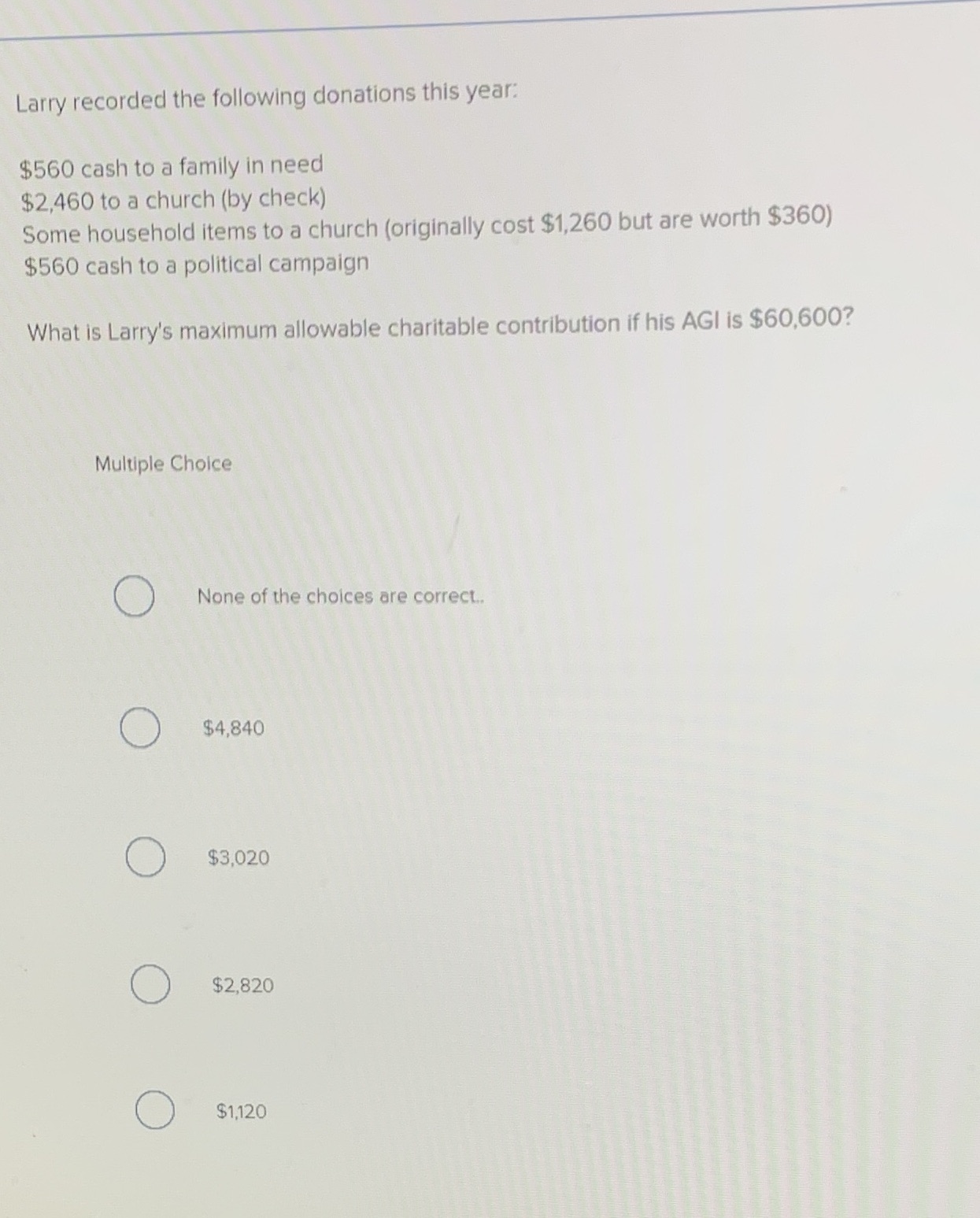 Show work please Larry recorded the following donations this year: $560 cash