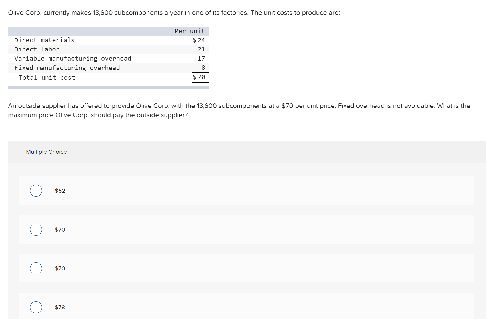 Need answer very fast!! Will rate quickly!! Olive Corp. currently makes 13,600