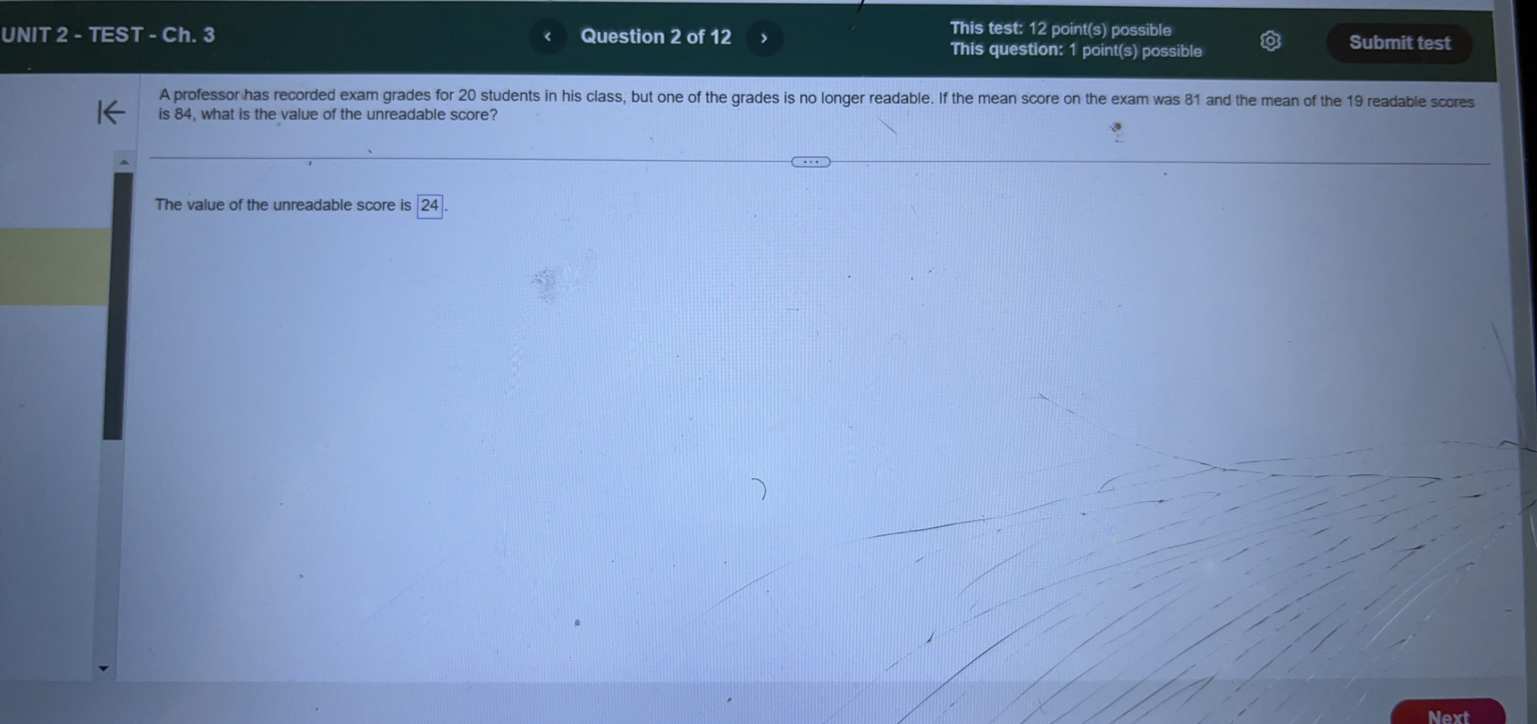 This test: 12 point(s) possible This question: 1 point(s) possible Submit test