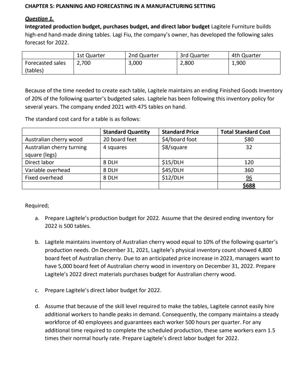 Can you solve this steps by steps please CHAPTER 5: PLANNING AND