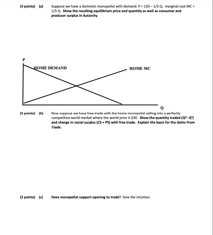 PARTIAL EQUILIBRIUM MODEL with MONOPOLY (3 points) (a) Suppose we have a