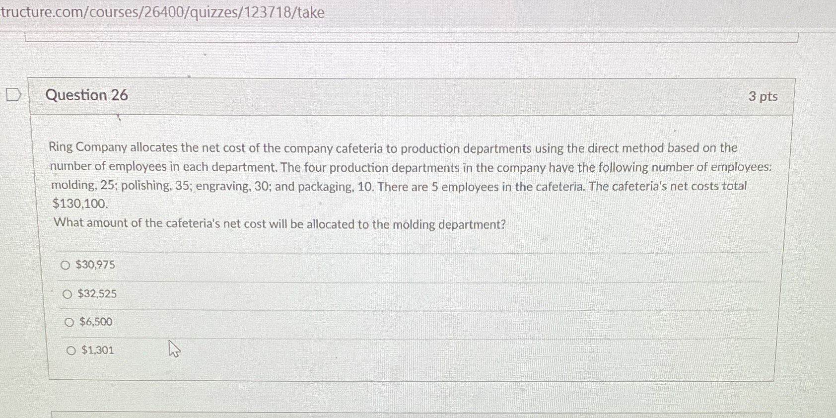 26. tructure.com/courses/26400/quizzes/123718/take D Question 26 3 pts Ring Company allocates the net