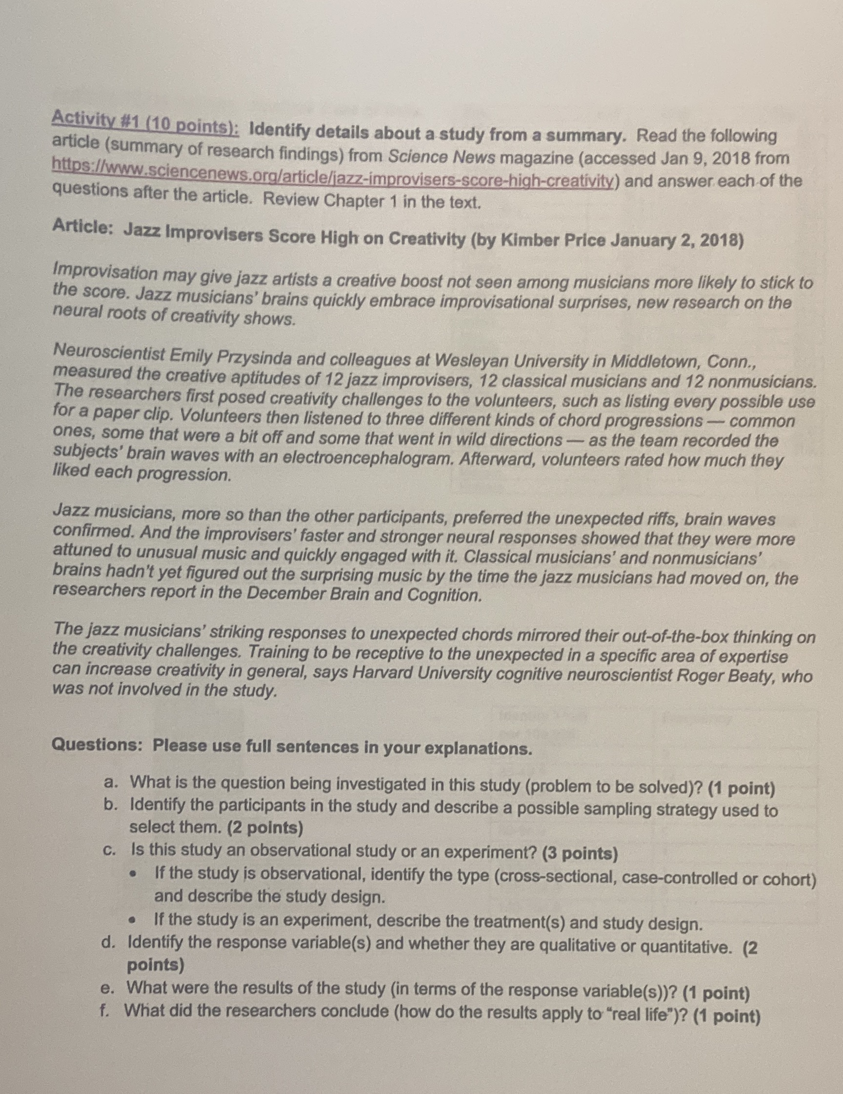  Activity #1 (10 points): Identify details about a study from a