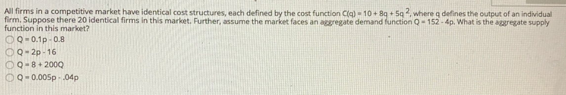 All firms in a competitive market have identical cost structures, each defined