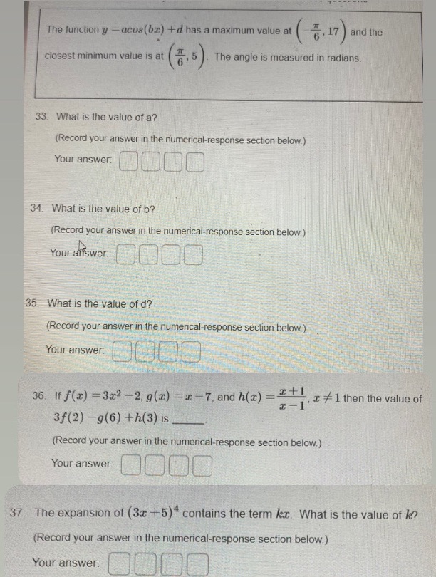 please help. i dont need solutions just the values please The function