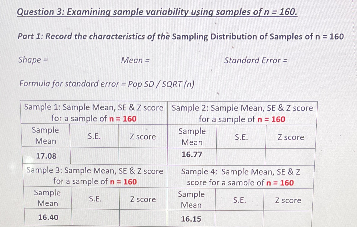  Question 3: Examining sample variability using samples of n = 160.