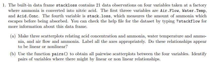  1. The builtin data frame stackloss contains 21 data observations on